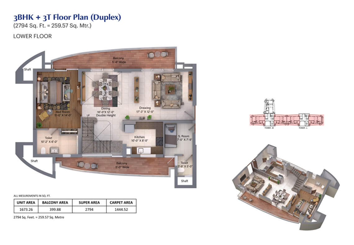 3 BHK + 3T Floor Plan (Duplex)