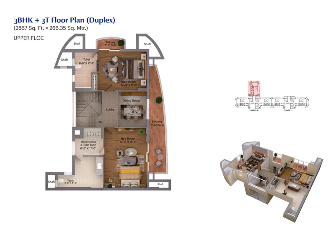 3 BHK + 3T Floor Plan (Duplex) - Upper Floor