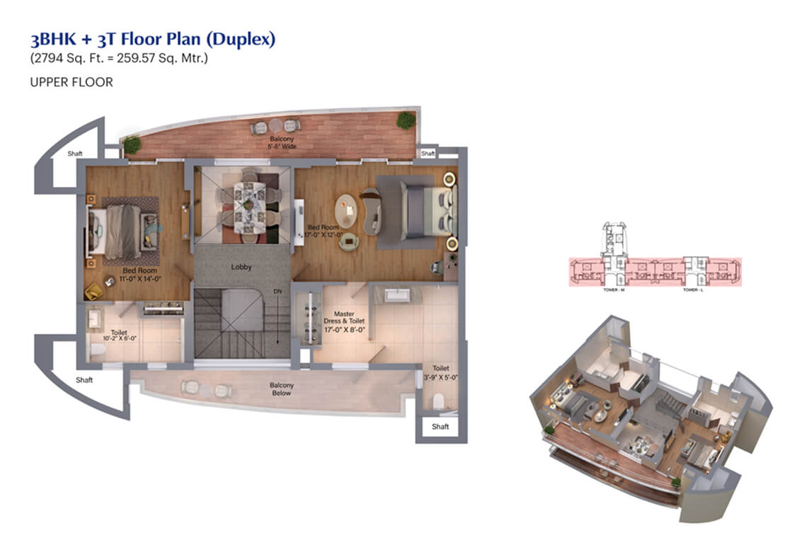3 BHK + 3T (Duplex) -Upper Floor